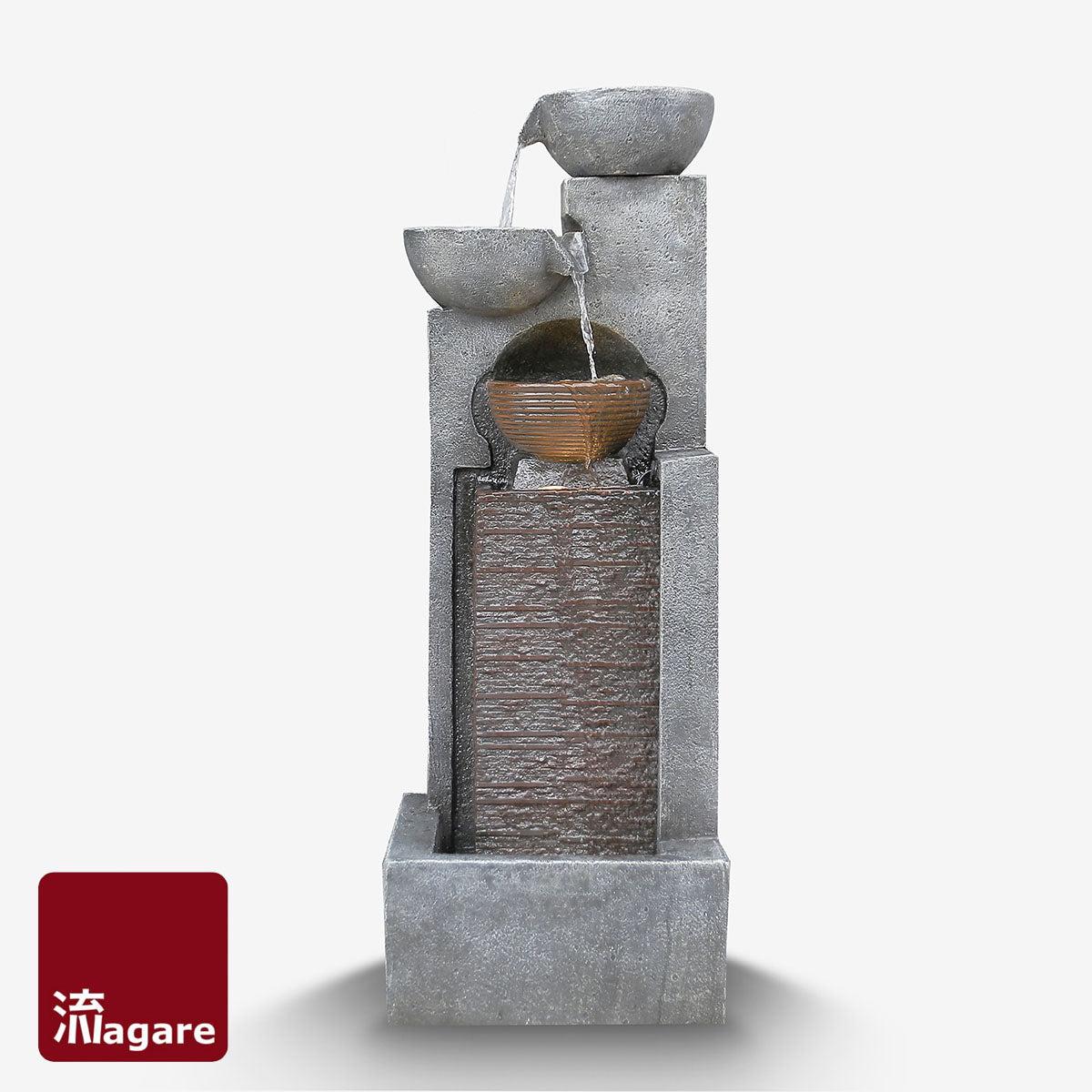 Awe your guests with this impressive floor standing unit that is a true reflection of grace and sophistication. A golden copper centre encased in grey polished stone finish with 3 alternating bowls of cascading waters.